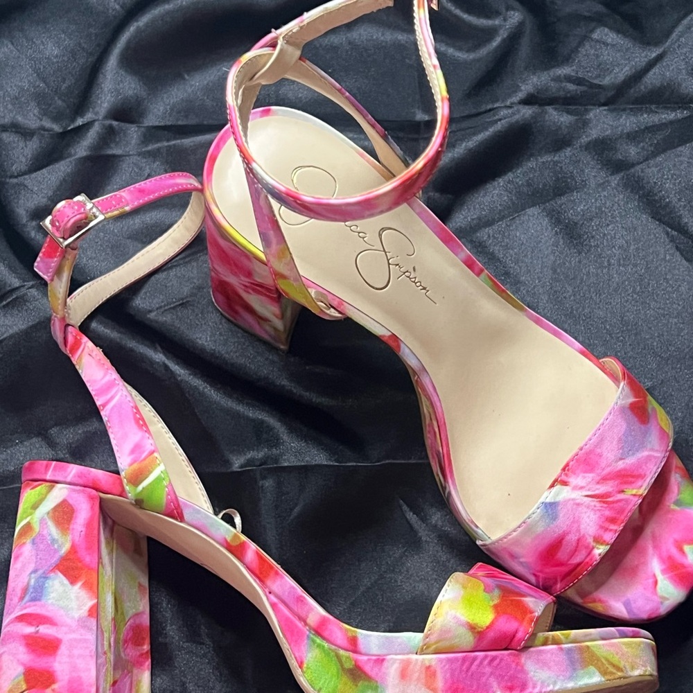 Jessica Simpson Bright Pink Floral Ankle-Strap Block Heels